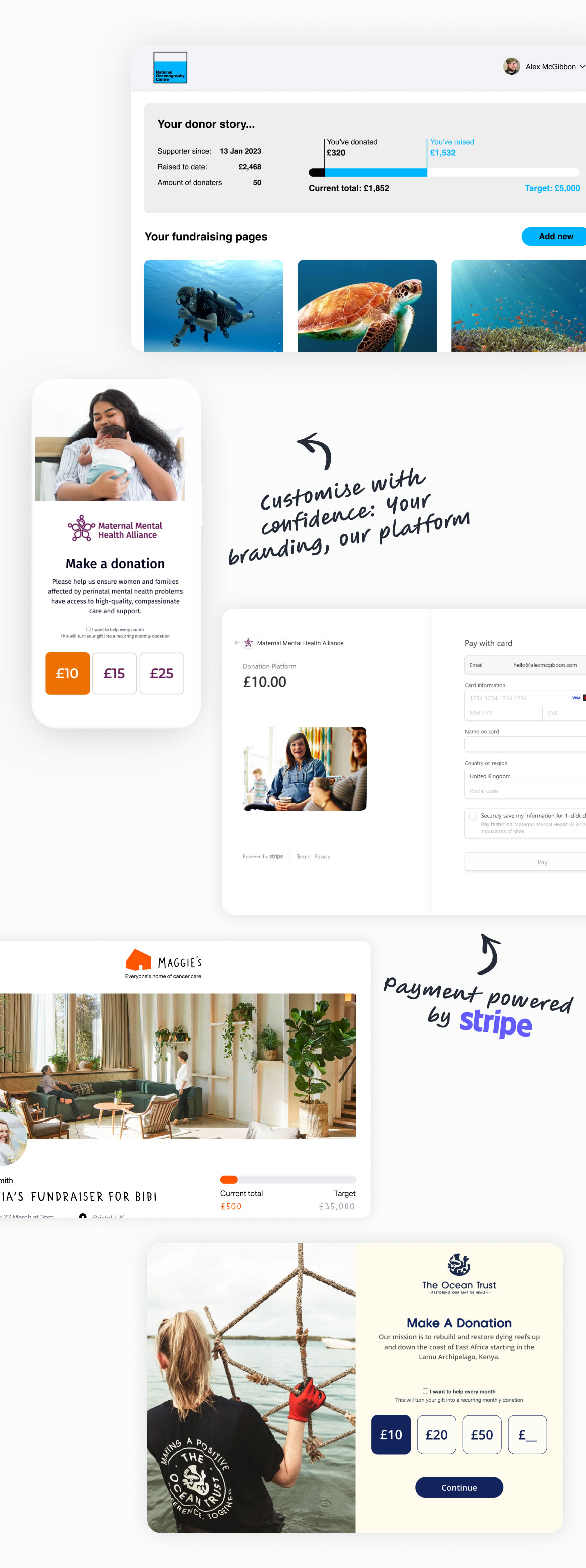Collage of how our Giant Giving platform is utilised on client websites include NOC, MMHA, Maggie's and The Ocean Trust | Giant Giving