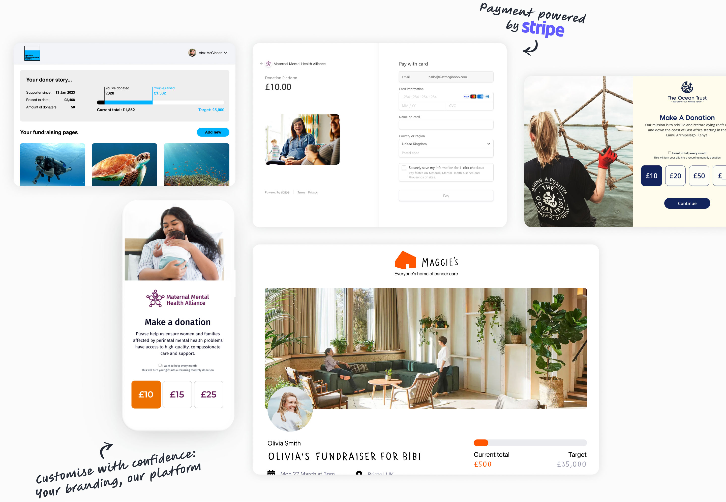 Collage of how our Giant Giving platform is utilised on client websites include NOC, MMHA, Maggie's and The Ocean Trust.