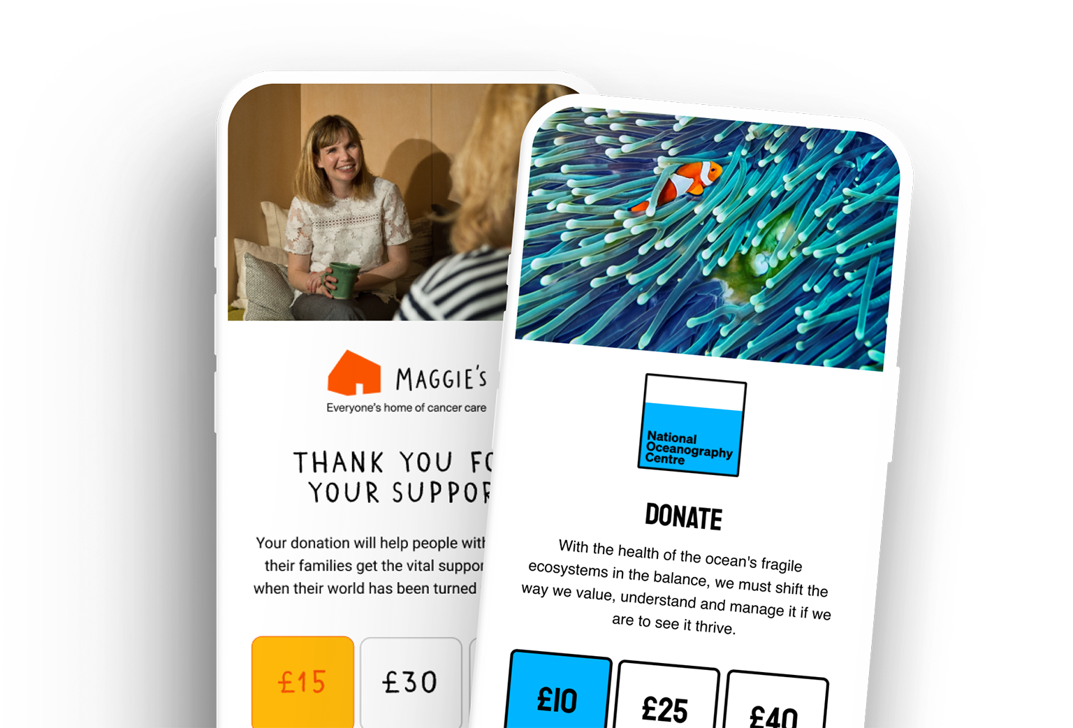 Two mobile phone displays of donation forms on Maggie's and NOC websites
