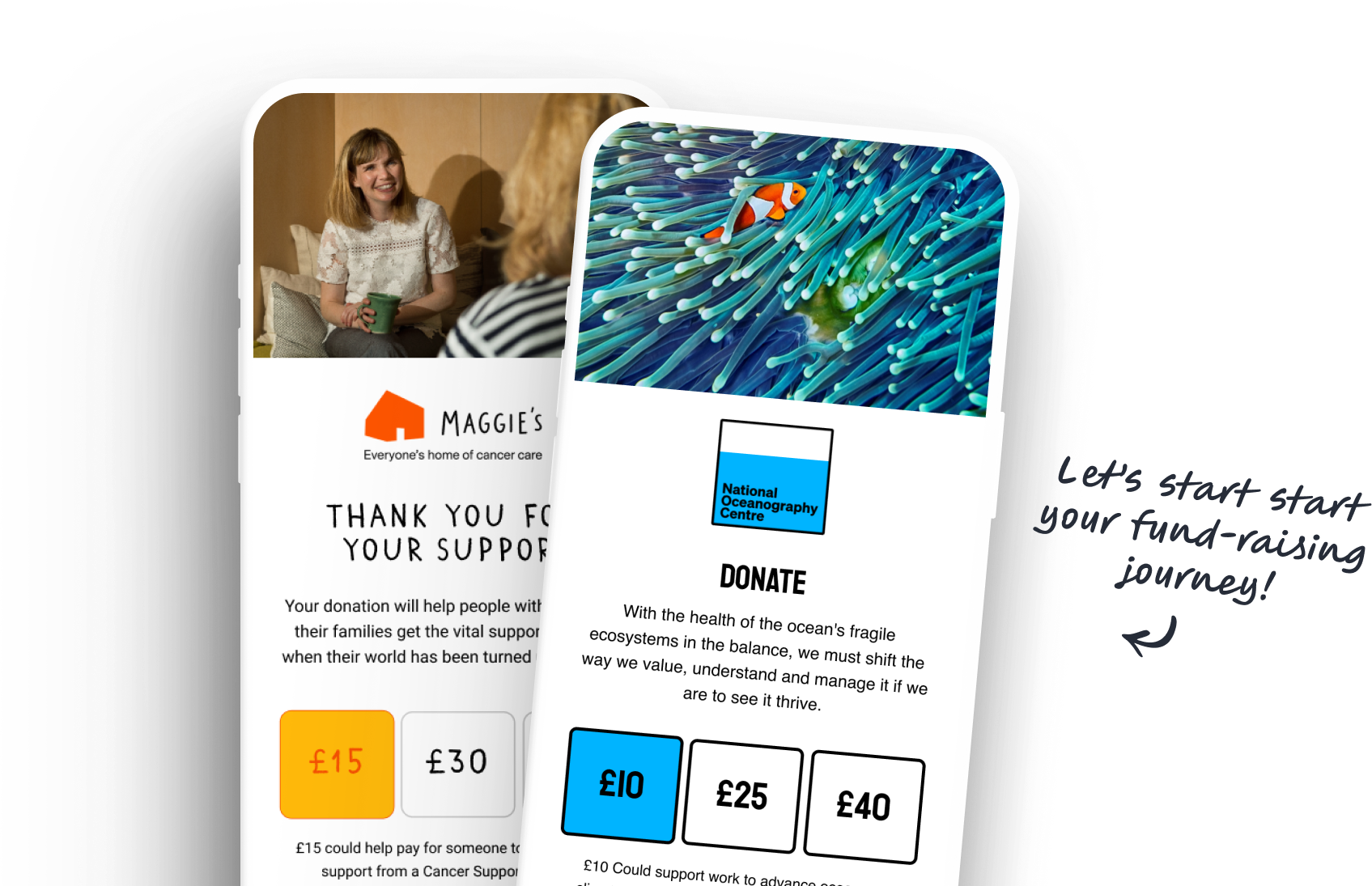 Two mobile phone displays of donation forms on Maggie's and NOC websites