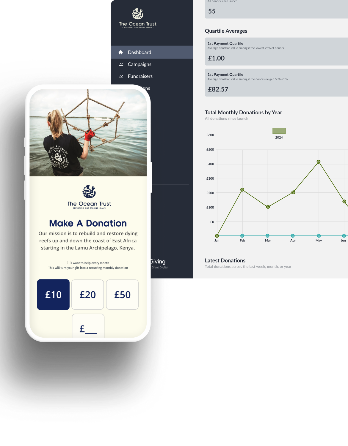 Vertical display of Giant Giving Dashboard and mobile view of The Ocean Trust's donation options